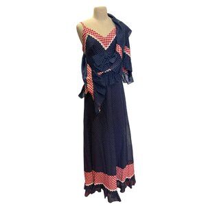 Vintage Handmade Tres Mariposas El Paso Blue Red Polka Dot Gingham Maxi Dress Sh